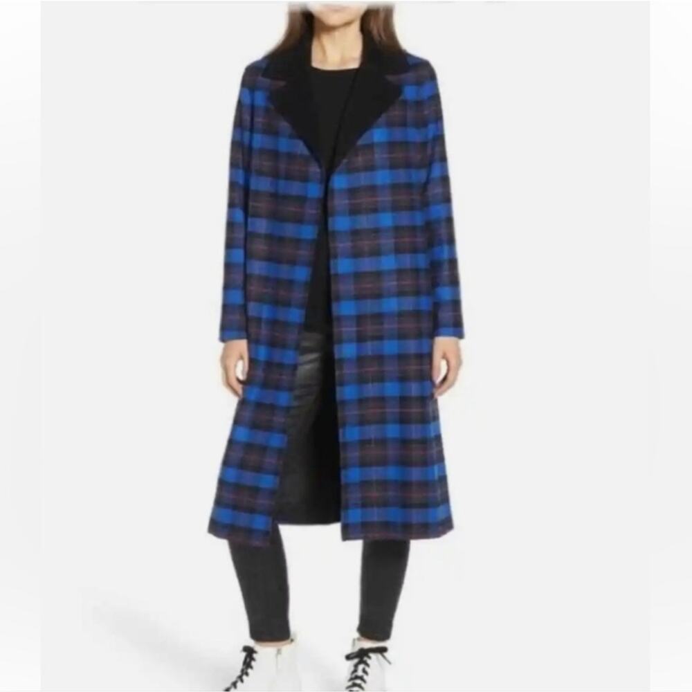 Helene Berman London Wool Blend Blue Tartan Plaid Open Front Long Coat Large